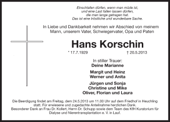 Traueranzeige von Hans Korschin von Pegnitz-Zeitung